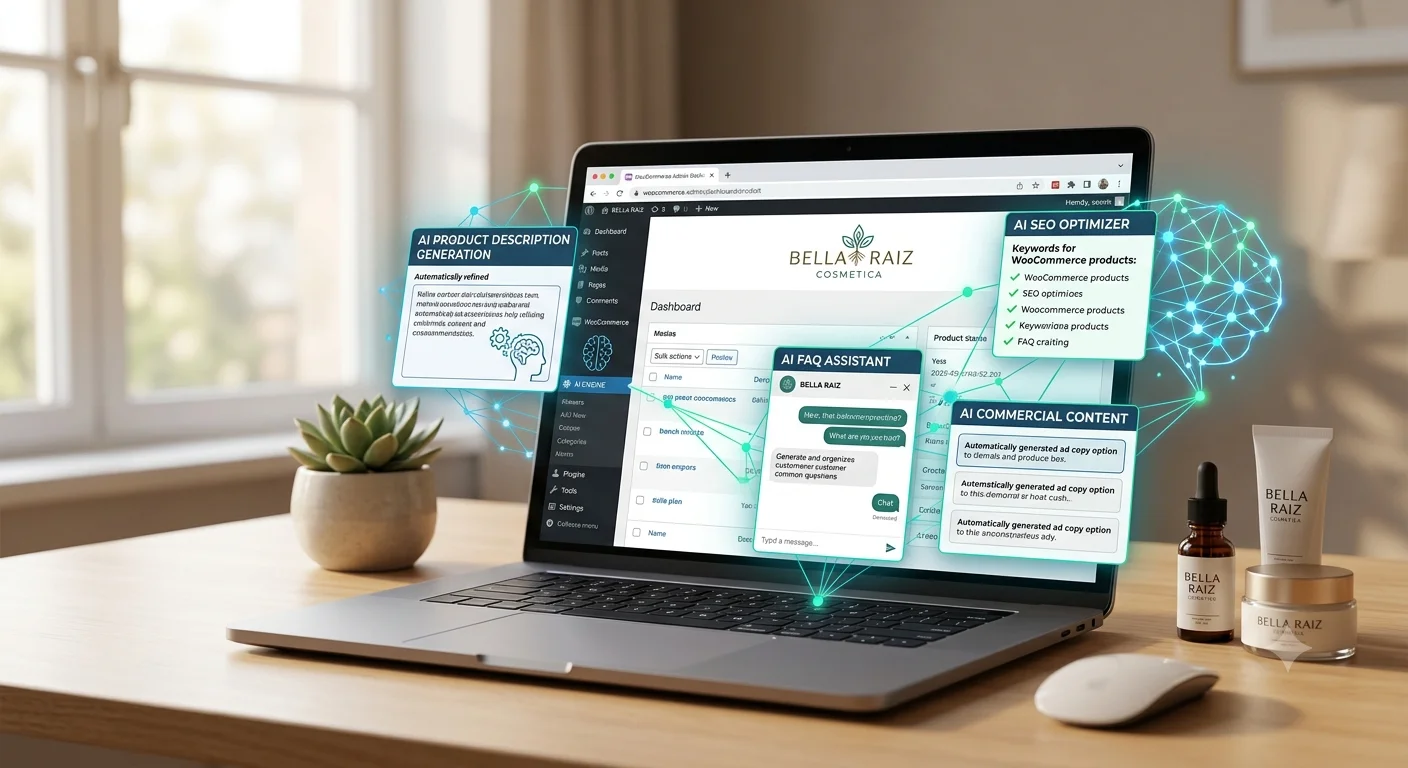 IA para ecommerce Bella Raiz Cosmetica con WooCommerce SEO fichas de producto y contenido comercial.