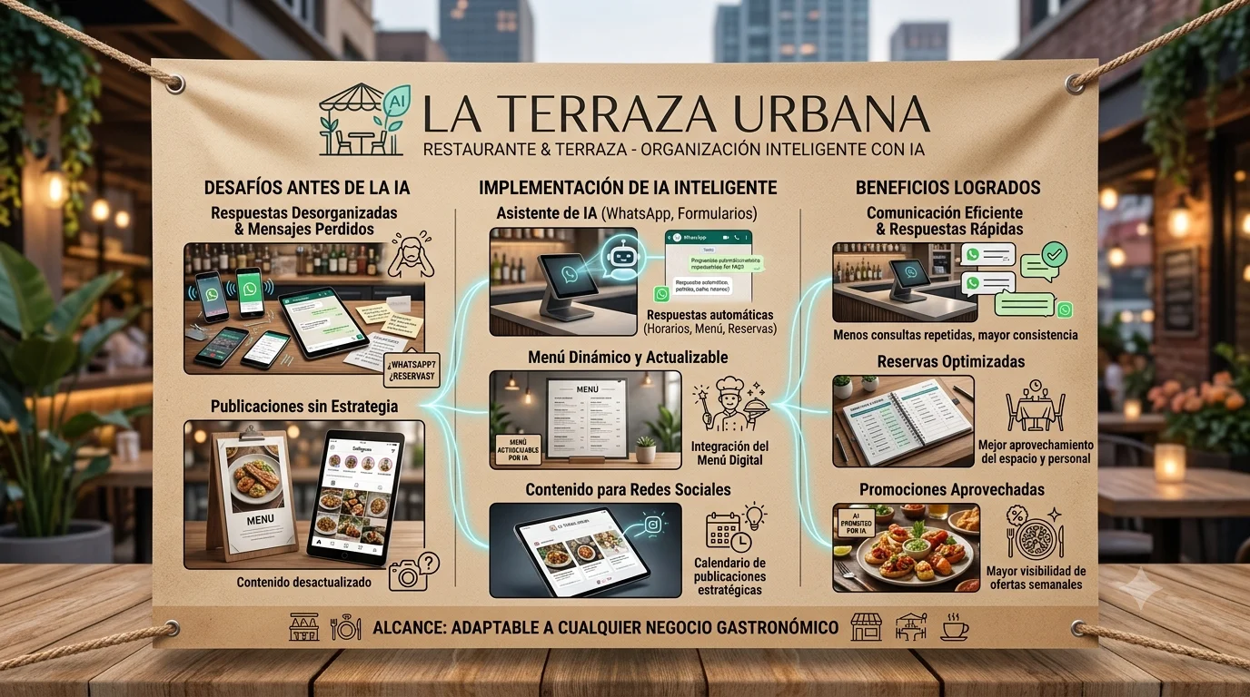 IA para negocio gastronomico La Terraza Urbana con reservas menu promociones y respuestas frecuentes.