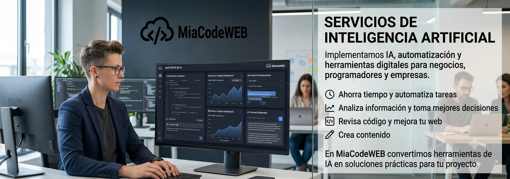 Servicios de inteligencia artificial de MiaCodeWEB para negocios, programadores y empresas.